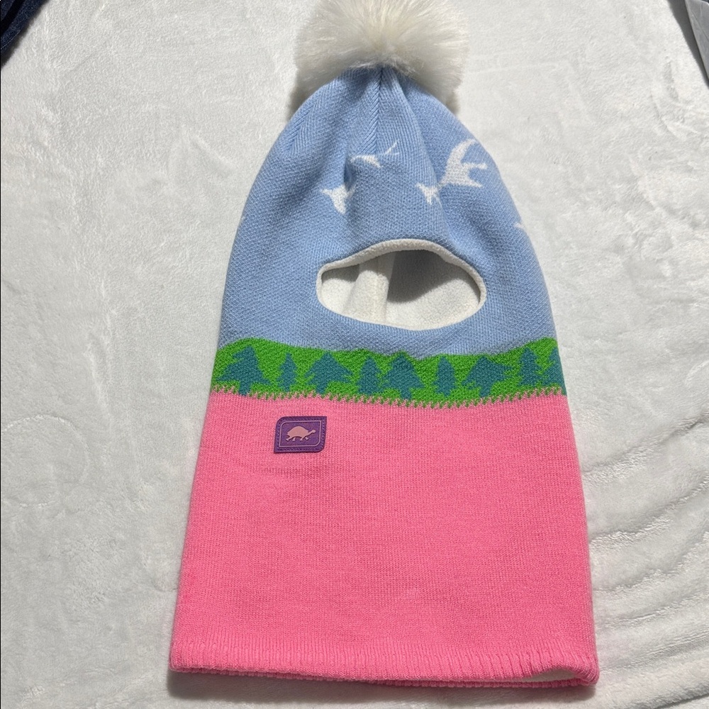 Turtle fur Kids Pink & Blue Pom-Top Balaclava Hat with Forest Motif